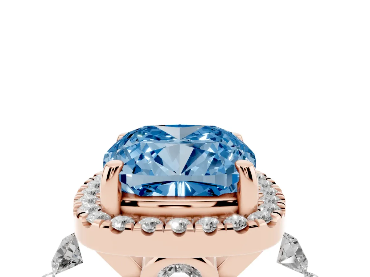 Fancy Blue Cushion Cut Halo Pavé Diamond Engagement Ring with Four-Prong Setting Rose gold