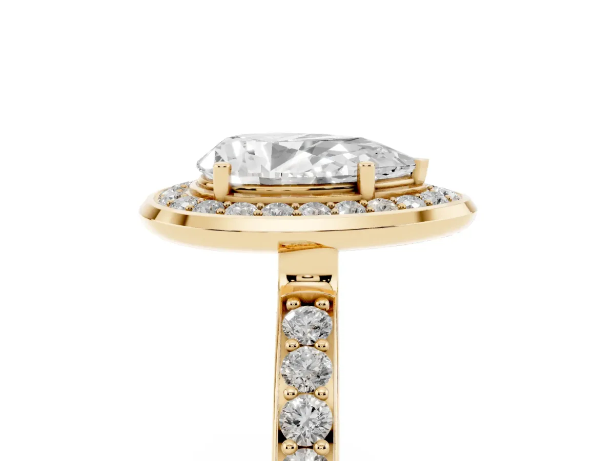 Pear Cut Diamond Halo Ring with Bezel Frame and Pavé Band Yellow gold