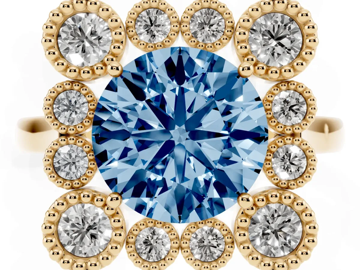 Fancy Blue Round Cut Halo Diamond Cluster Engagement Ring with Milgrain Bezel Setting and Solitaire Band Yellow gold