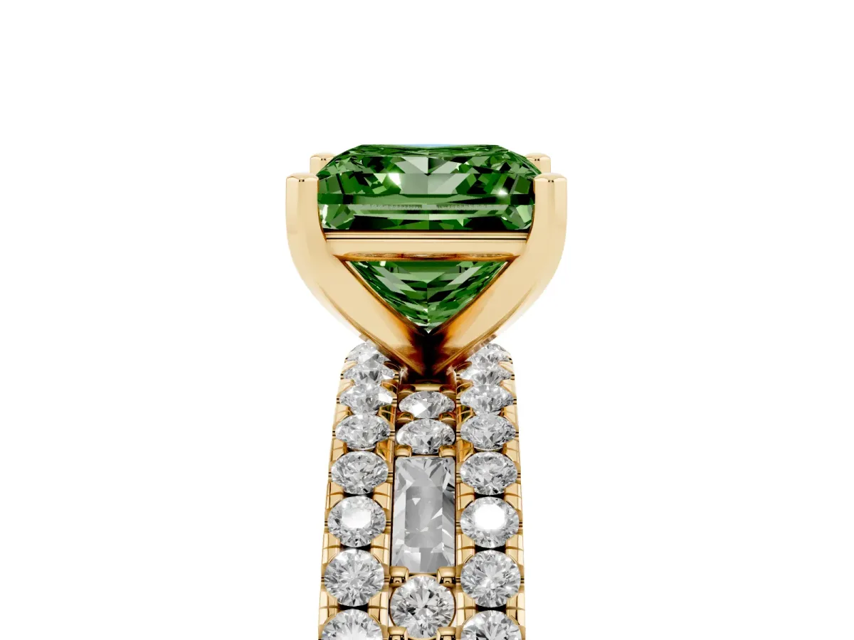 Fancy Green Princess Cut Diamond Solitaire Ring with Pavé and Channel Set Band Yellow gold