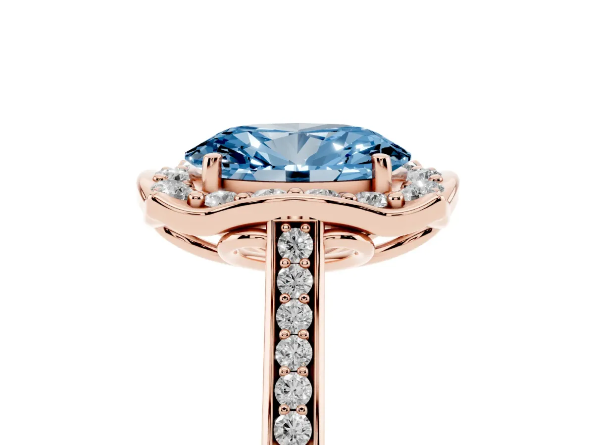 Fancy Blue Oval Cut Halo Round Diamond Pave Band with Four-Prong Setting Rose gold
