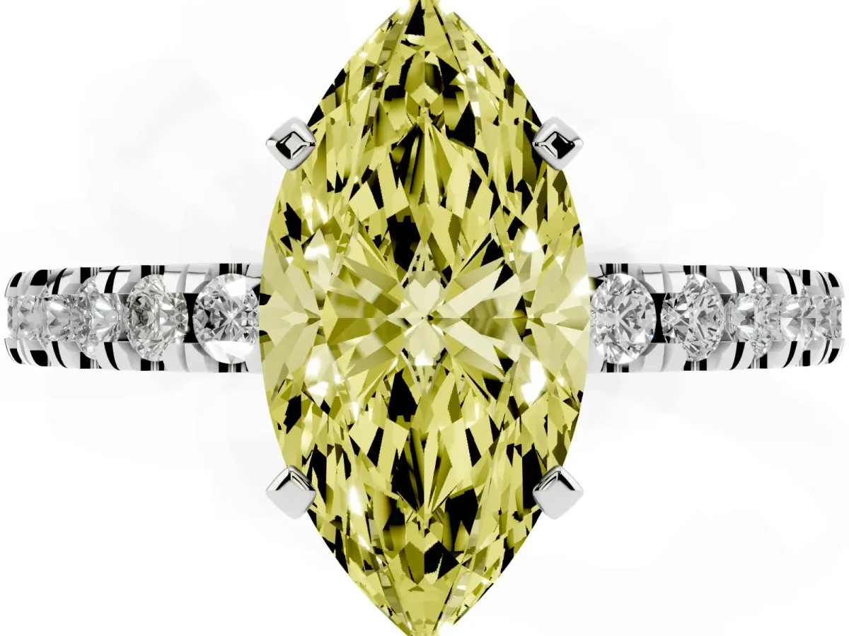Fancy Yellow Marquise Cut Solitaire Diamond with Pavé Band and Four-Prong Setting Platinum