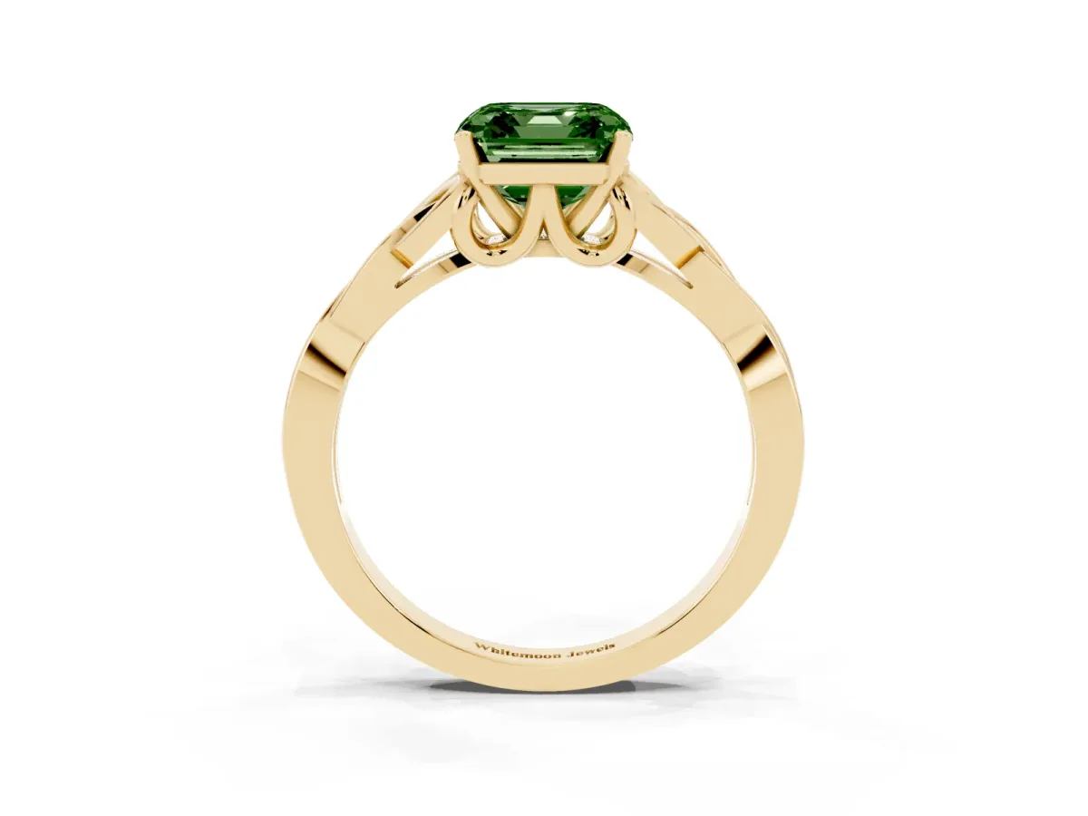 Fancy Green Asscher Cut Diamond Solitaire Engagement Ring with Celtic Knot Band and Four-Prong Setting Yellow gold