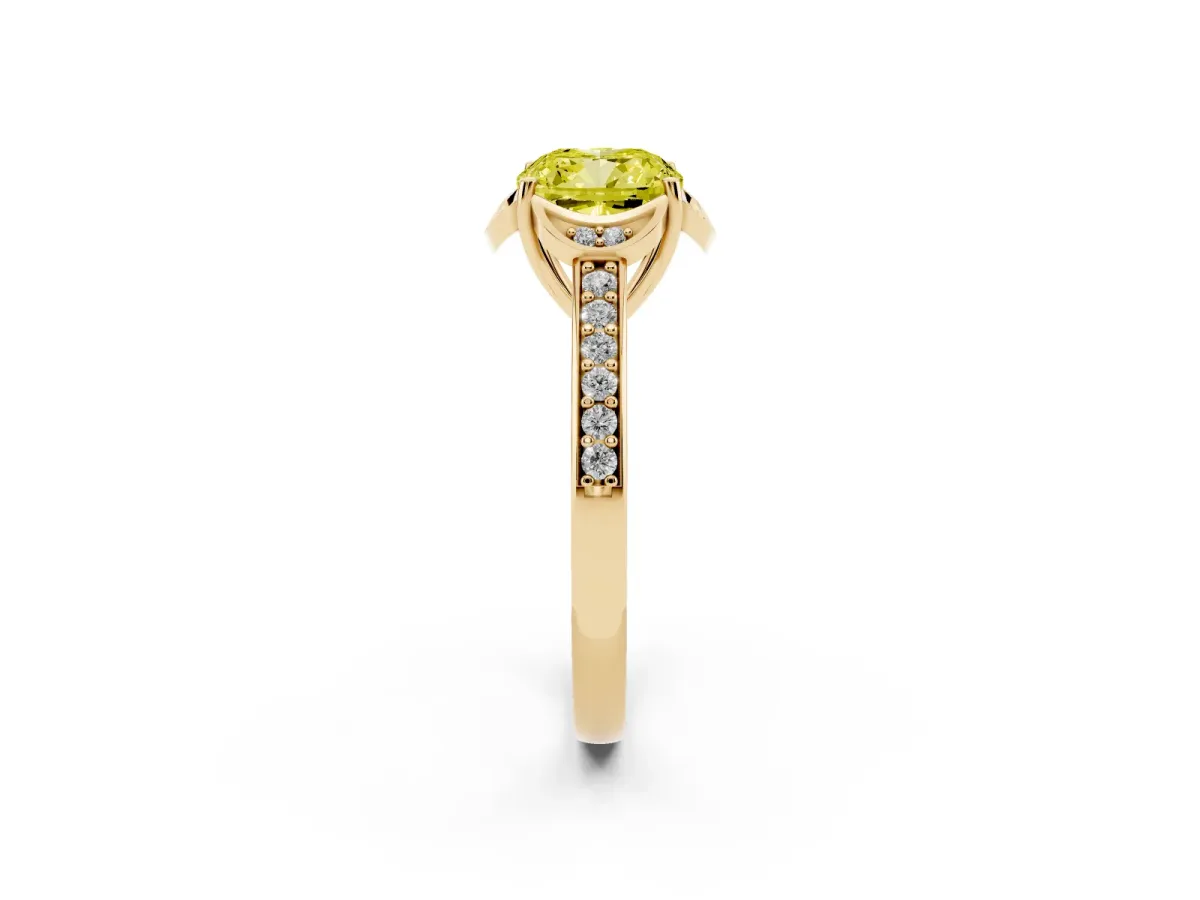Fancy Yellow Cushion Cut Cut Halo Diamond Ring with Channel Set Band and Four-Prong Setting Yellow gold