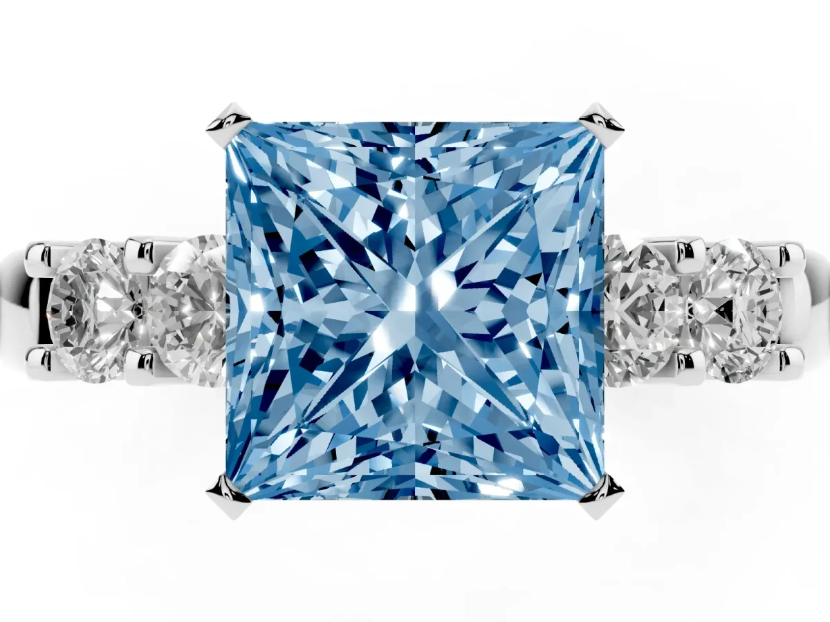 Fancy Blue Princess Cut Brilliant Cut Diamond Five-Stone Prong Set Engagement Ring with Channel Band Silver