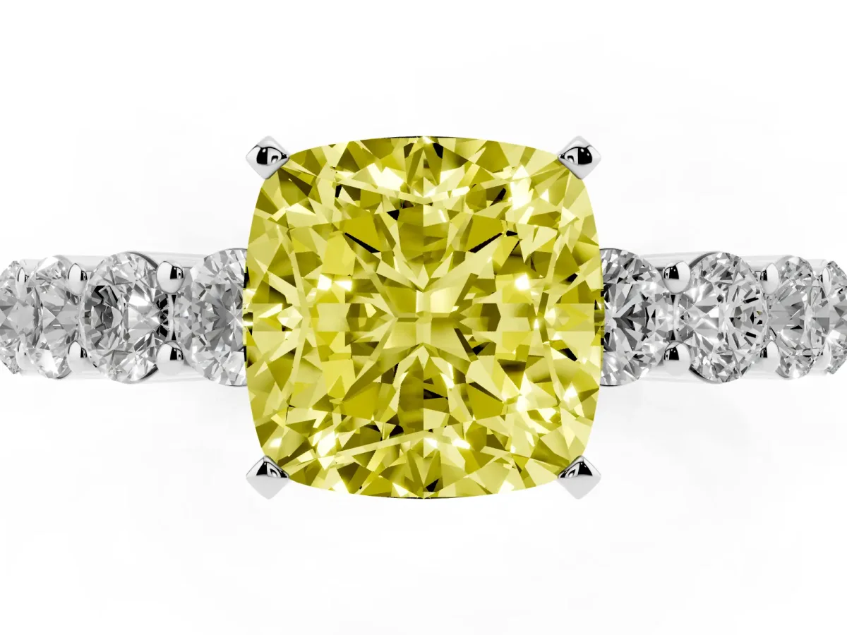 Fancy Yellow Cushion Cut Diamond Solitaire Ring with Shared Prong Round Side Stones Silver