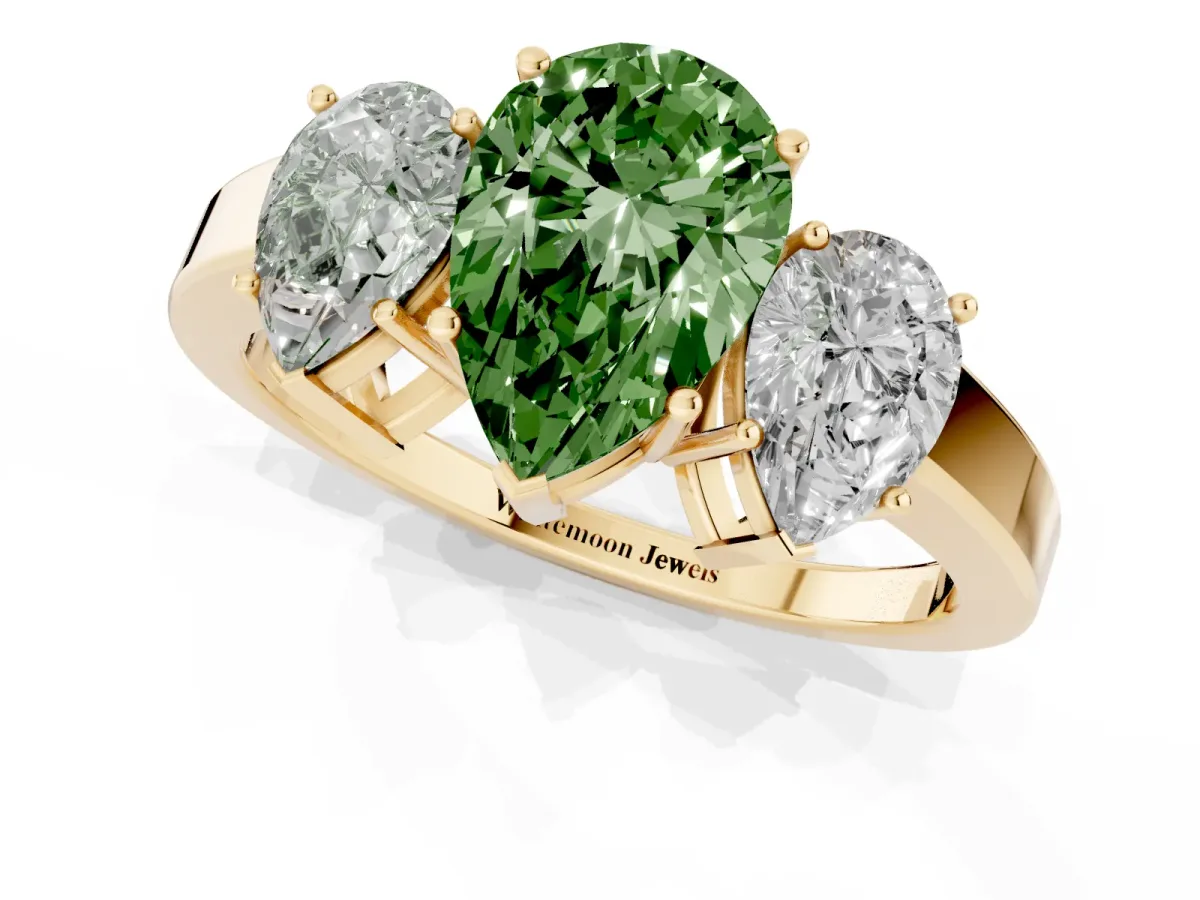 Fancy Green Three-Stone Pear Cut Cut Diamond Engagement Ring with Flat Band and Four-Prong Setting Yellow gold
