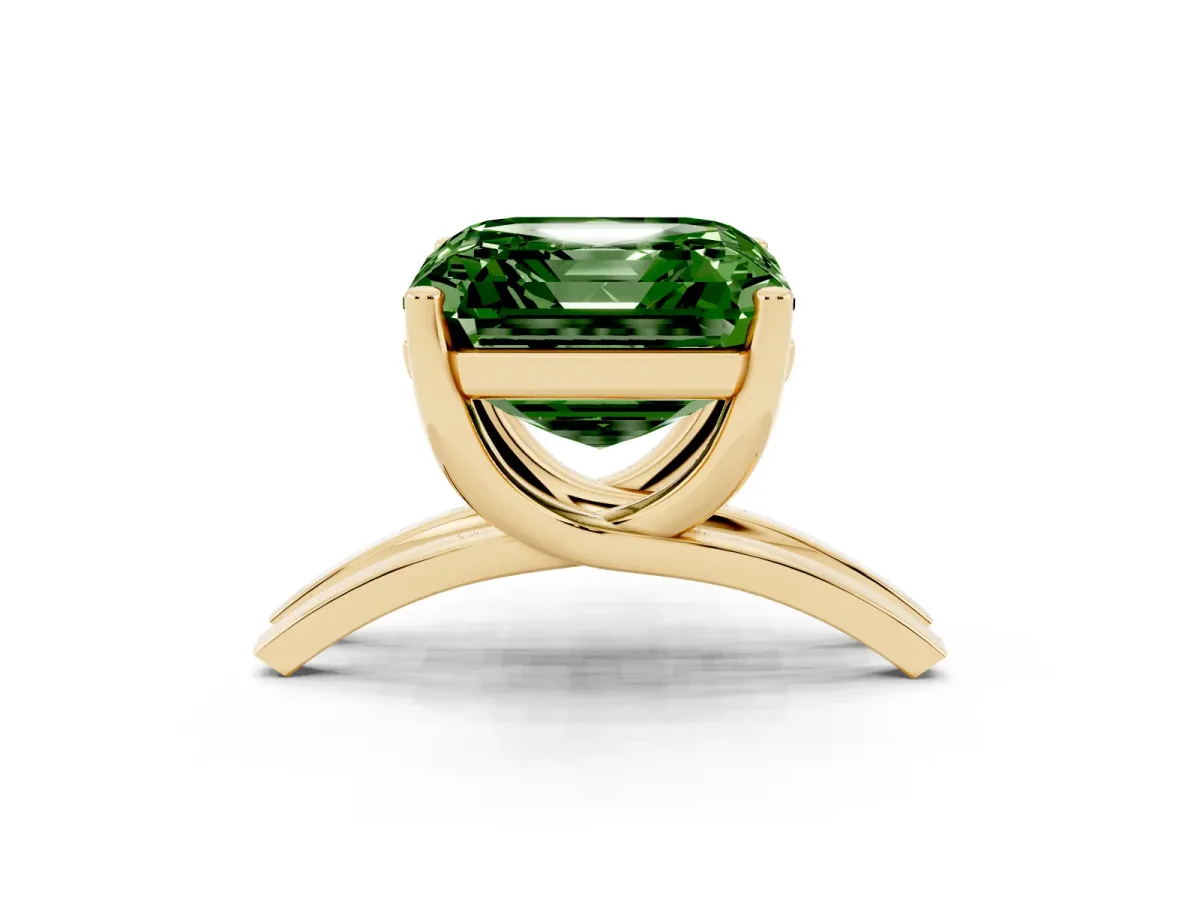Fancy Green Asscher Cut Cut Diamond Solitaire Engagement Ring with Tapered Plain Band and Four-Prong Setting Yellow gold