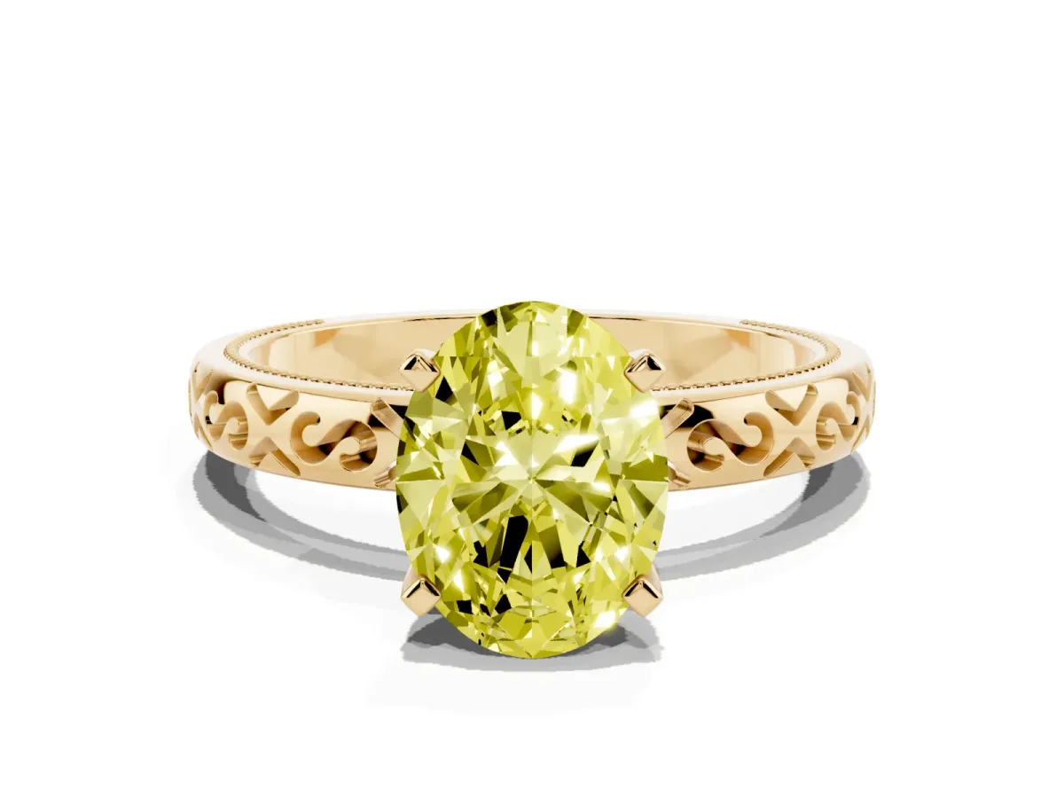 Fancy Yellow Oval Cut Solitaire Engagement Ring with Scrollwork Band and Four-Prong Setting Yellow gold