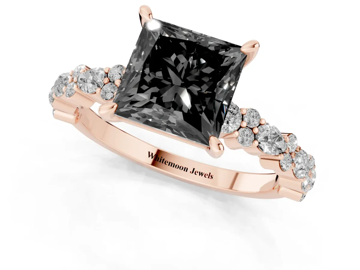 Fancy Black Princess Cut Diamond Side Stone Solitaire Ring with Round and Four-Prong Setting Rose gold