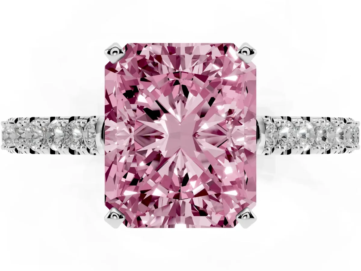 Fancy Pink Radiant Cut Cut Solitaire Diamond Engagement Ring with Pave Band and Four-Prong Setting Platinum
