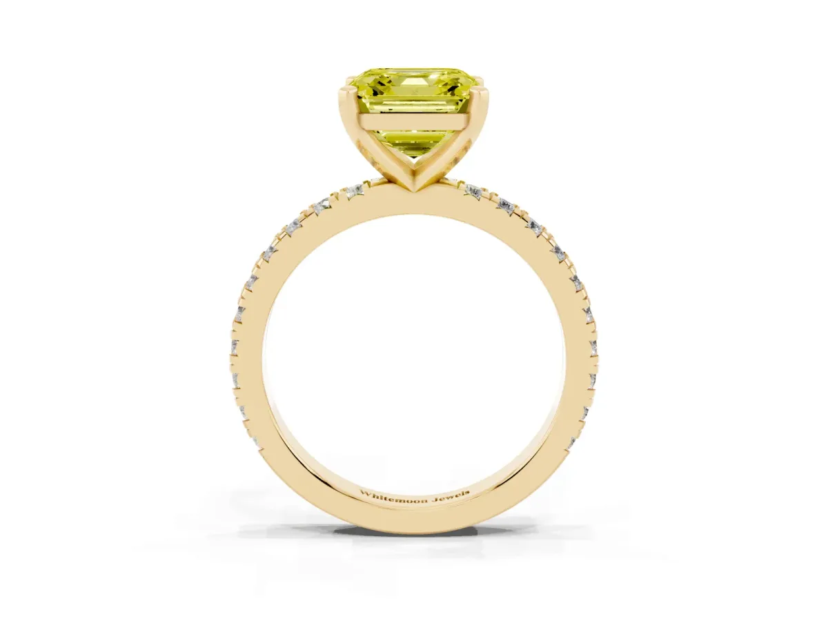 Fancy Yellow Asscher Cut Diamond Pavé Band Solitaire with Four-Prong Setting Yellow gold