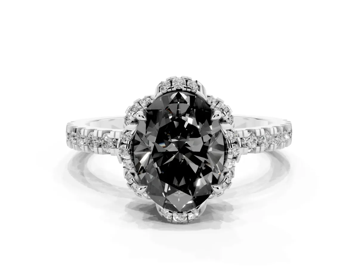 Fancy Black Oval Cut Diamond Halo Pave Band with Four-Prong Setting Silver