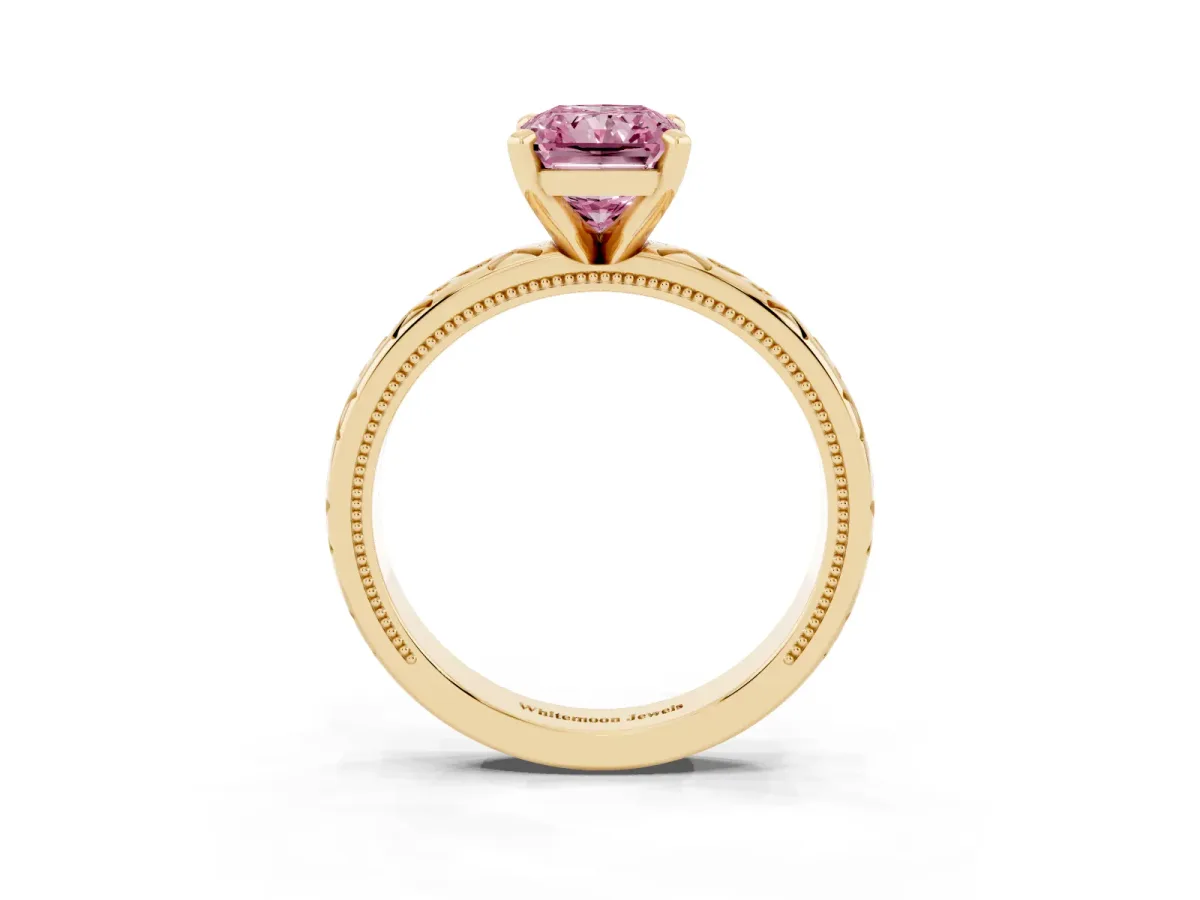 Fancy Pink Radiant Cut Solitaire Engagement Ring with Scrollwork Band and Four-Prong Setting Yellow gold