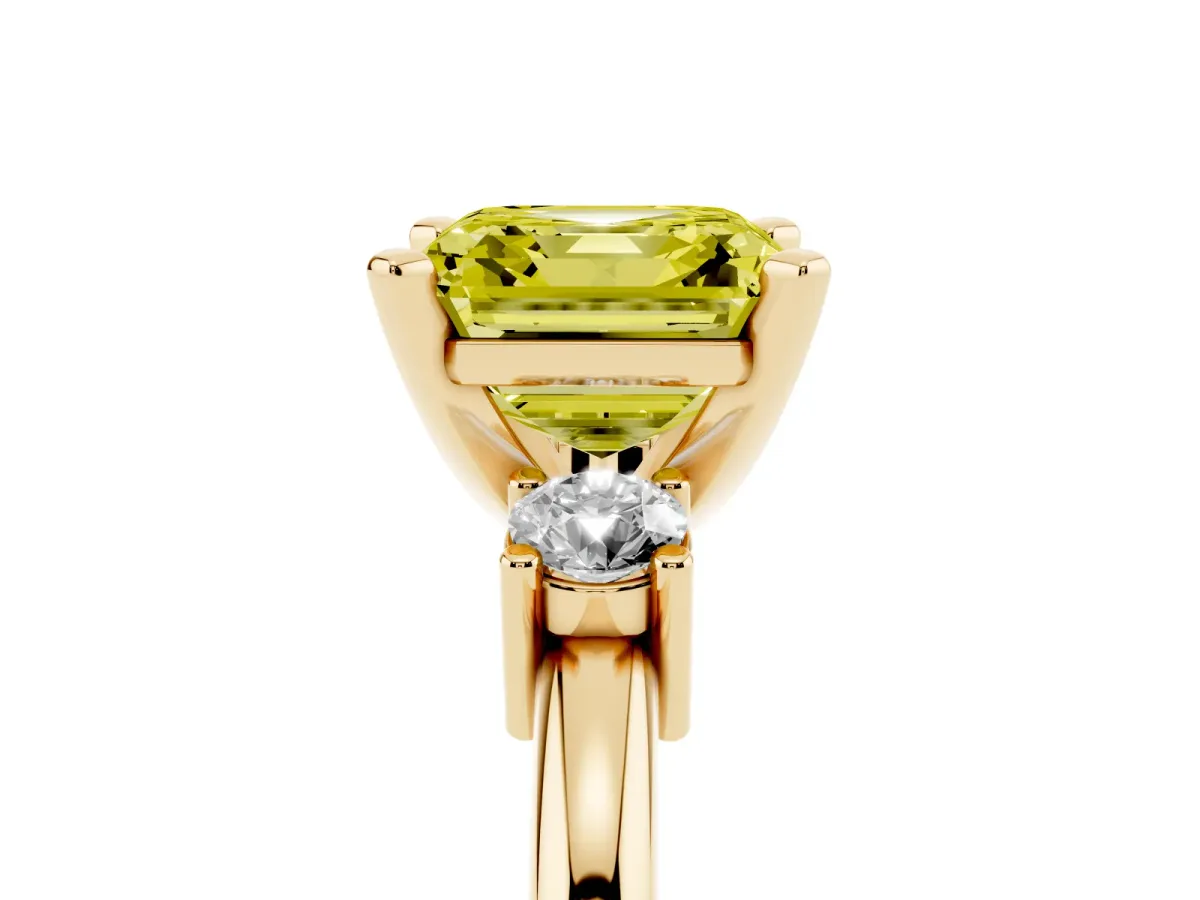 Fancy Yellow Three-Stone Asscher Cut Cut Diamond Solitaire with Prong Setting and Classic Band Yellow gold