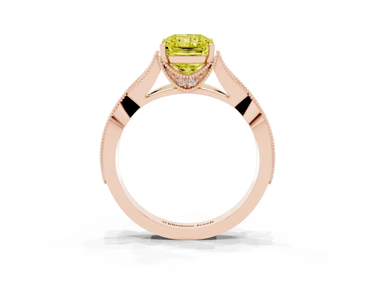 Fancy Yellow Radiant Cut Cut Diamond Twisted Band with Milgrain Pave Setting and Four-Prong Setting Rose gold