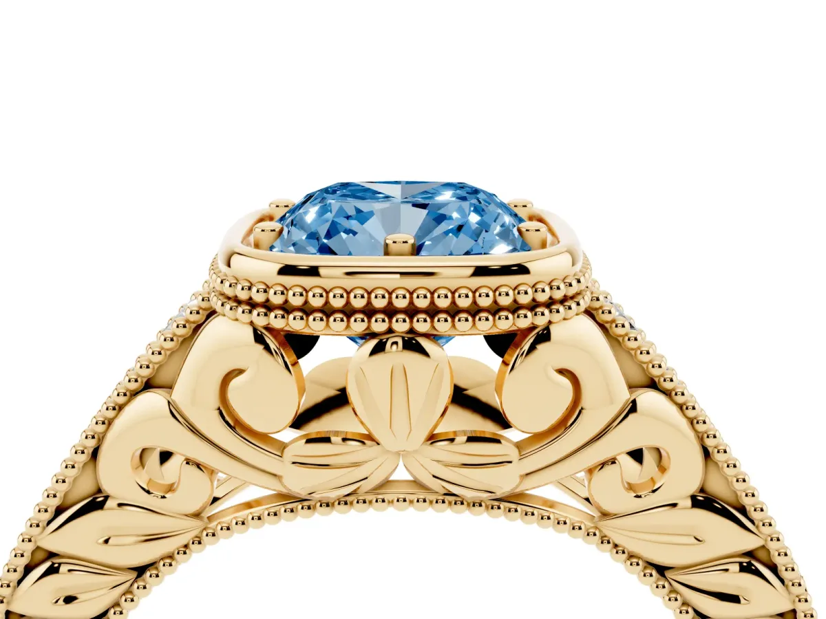 Fancy Blue Bezel Set Cushion Cut Diamond Milgrain Pave Engagement Ring Yellow gold