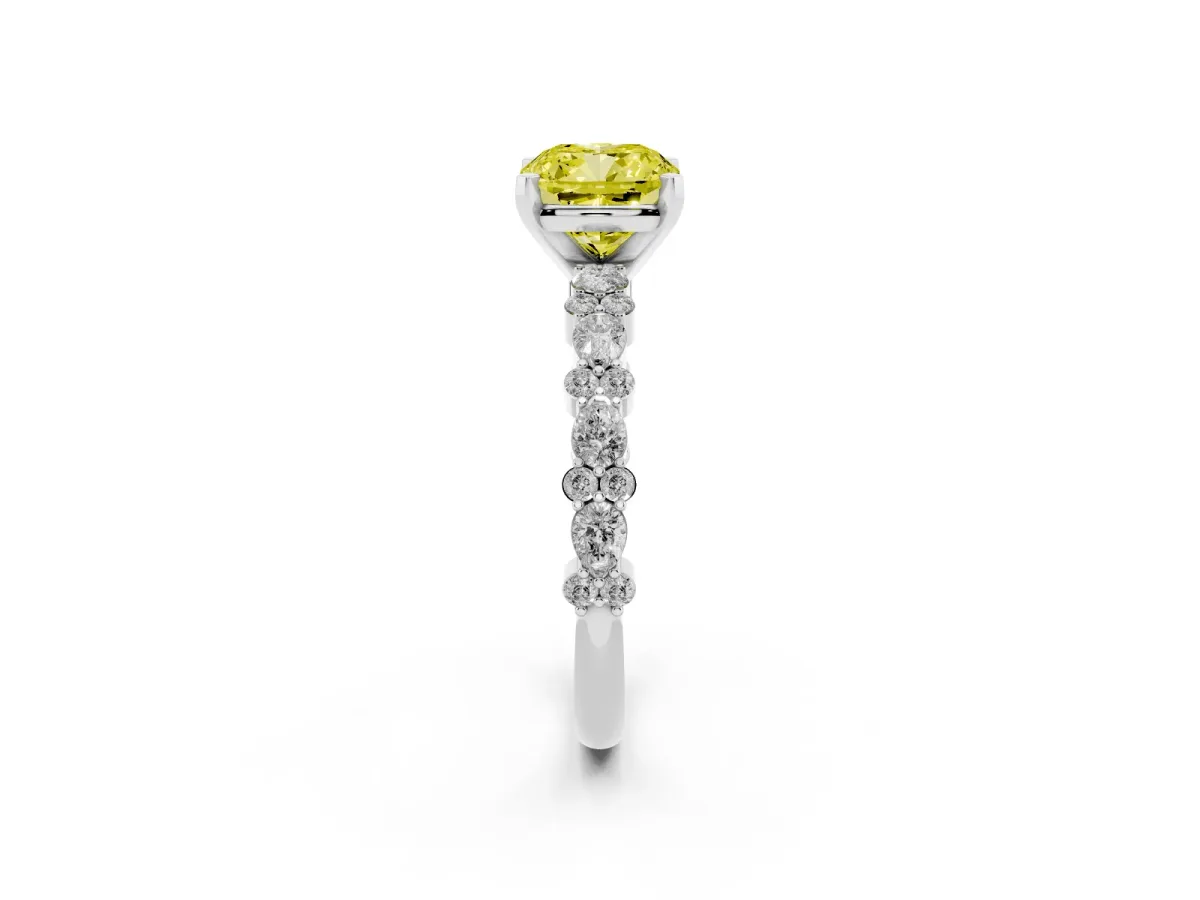 Fancy Yellow Cushion Cut Diamond Side Stone Solitaire Ring with Round and Four-Prong Setting Silver