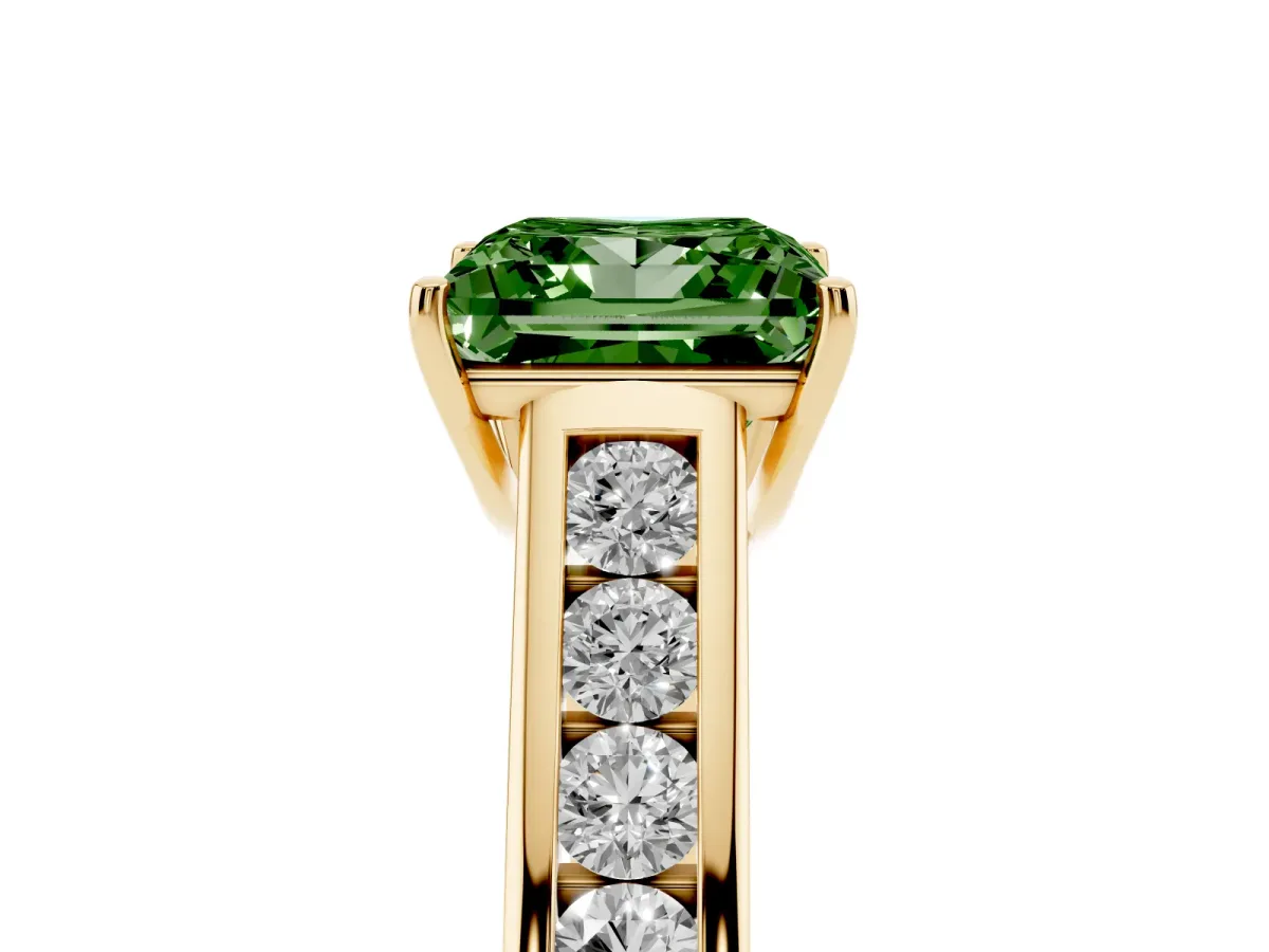 Fancy Green Princess Cut Brilliant Channel-Set Solitaire Ring with Four-Prong Setting Yellow gold