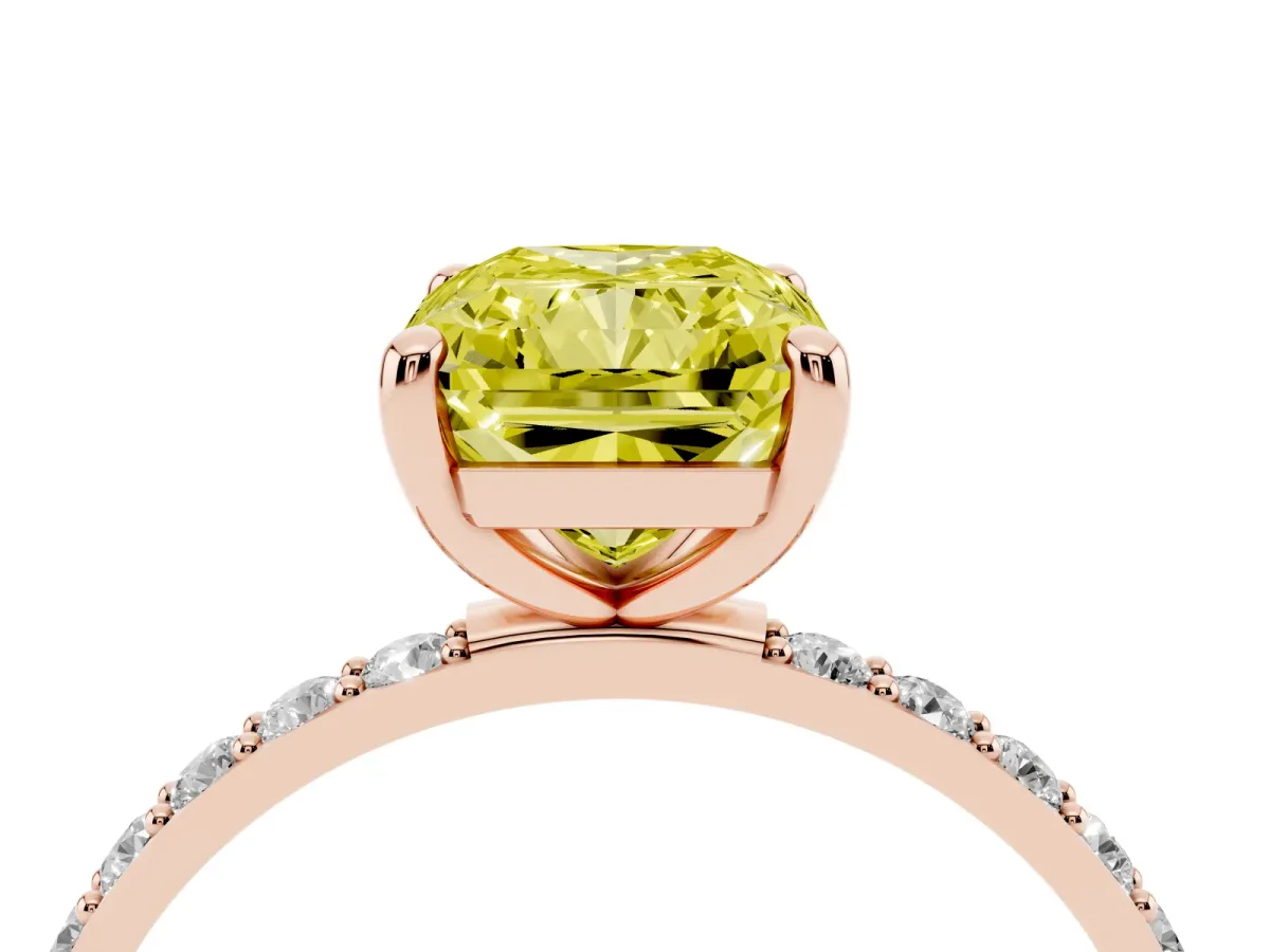 Fancy Yellow Radiant Cut Diamond Solitaire Ring with Round Pavé Band and Prong Setting Rose gold