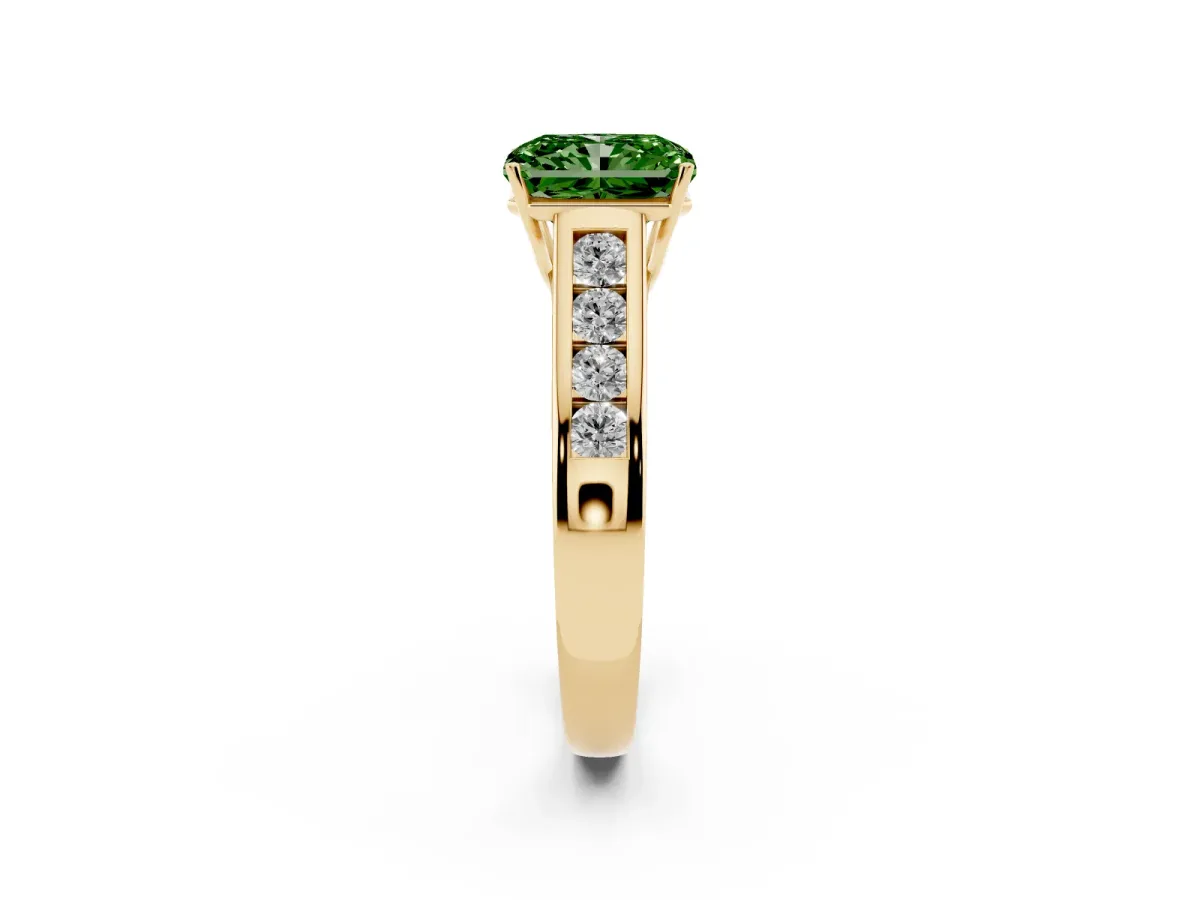 Fancy Green Radiant Cut Brilliant Channel-Set Solitaire Ring with Four-Prong Setting Yellow gold
