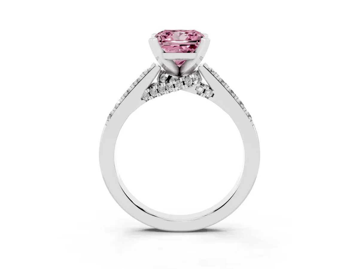 Fancy Pink Princess Cut Diamond Solitaire Ring with Crossover Gallery and Round Pavé Band Silver