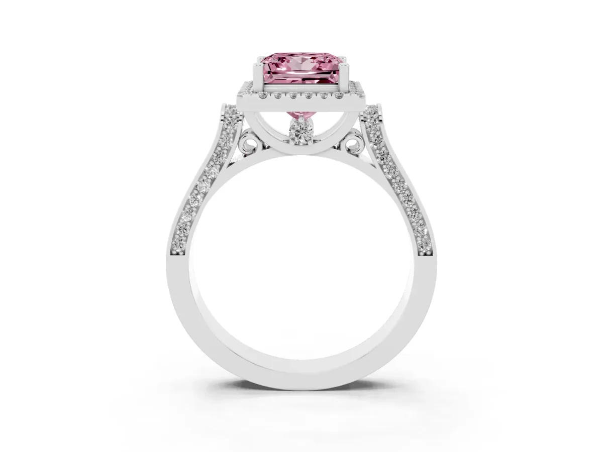 Fancy Pink Princess Cut Halo Round Diamond Twist Band with Four-Prong Setting White gold