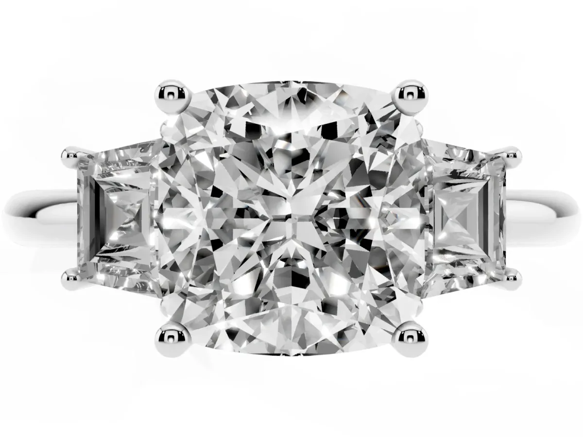 Cushion Cut Diamond Three-Stone Ring with Trapezoid Side Stones and Prong Setting Silver
