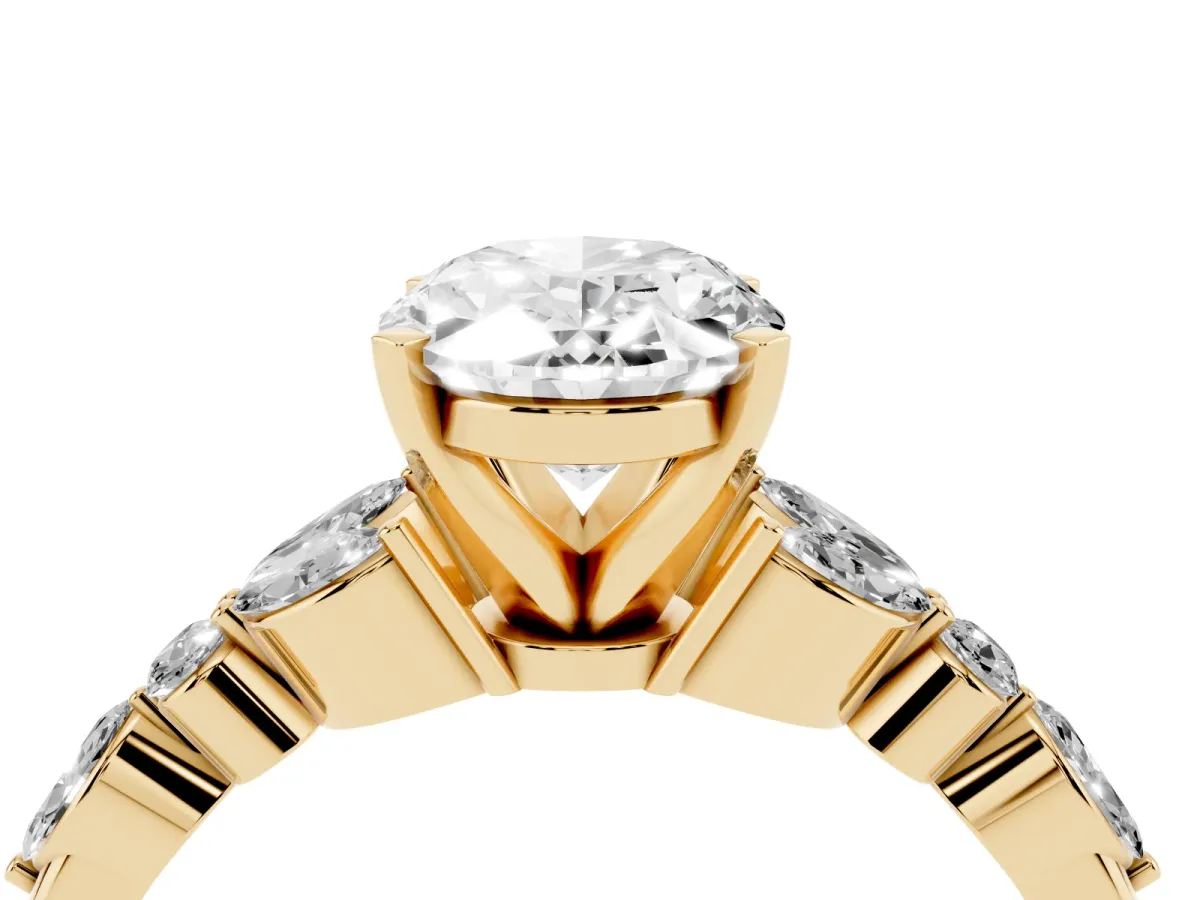 Oval Cut Diamond Solitaire Ring with Side Stones and Four-Prong Setting Yellow gold