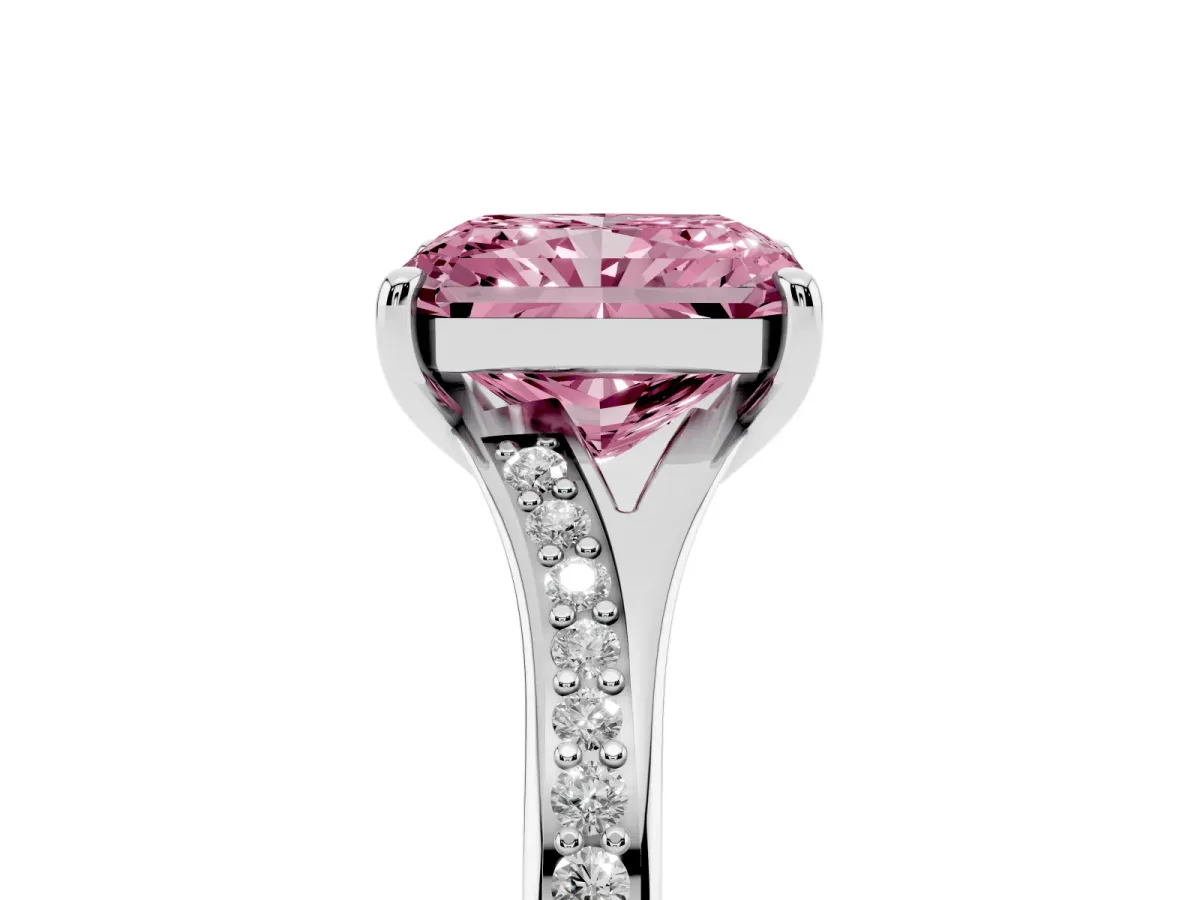 Fancy Pink Radiant Cut Diamond Solitaire Ring with Pavé Band and Prong Setting Silver