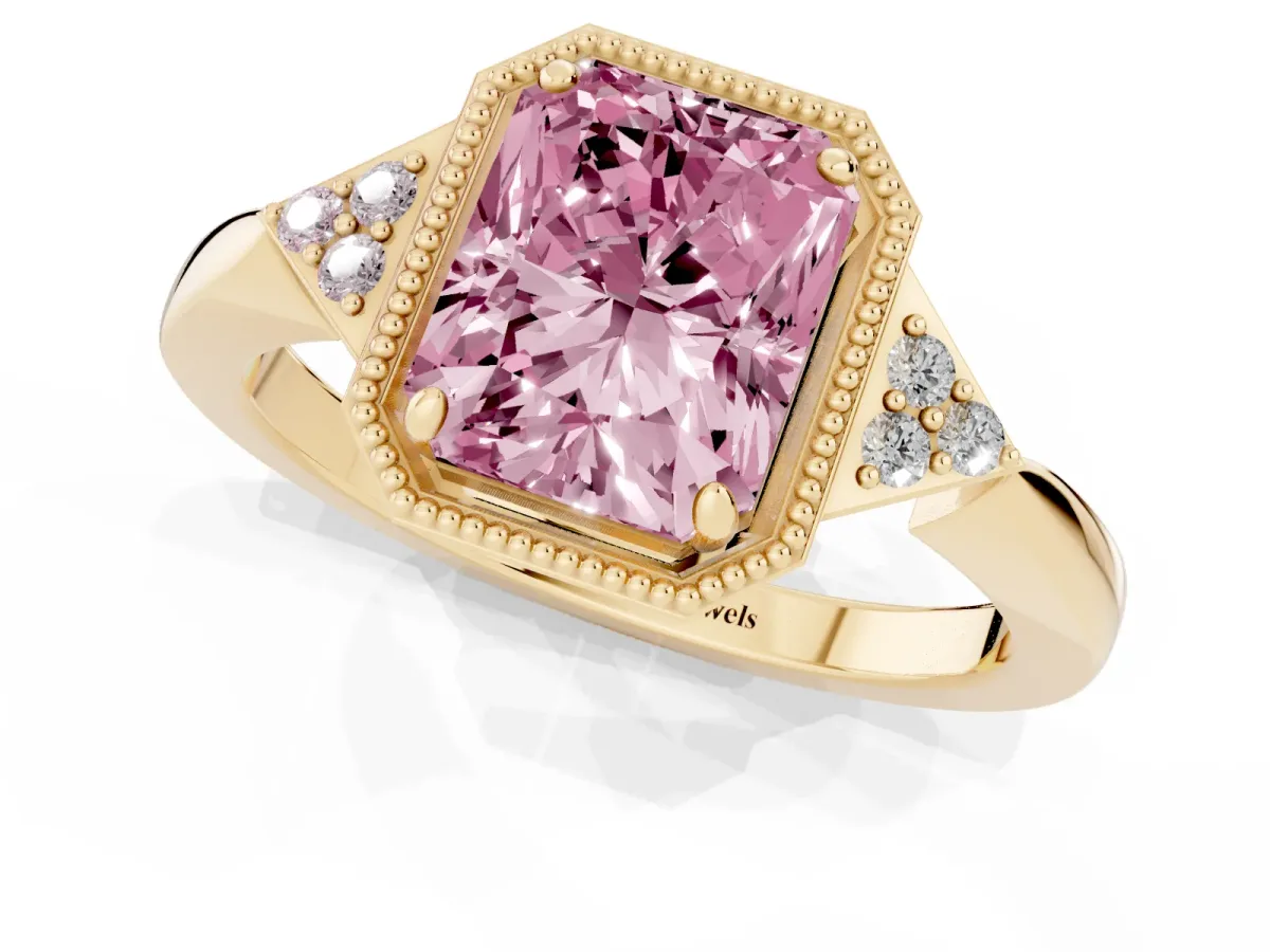 Fancy Pink Hexagonal Halo Radiant Cut Diamond Solitaire with Pavé Band and Four-Prong Setting Yellow gold