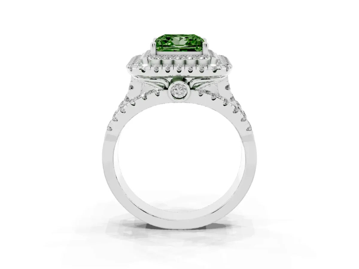 Fancy Green Princess Cut Diamond Double Halo Ring with Round Pavé Split Shank and Prong Setting Silver