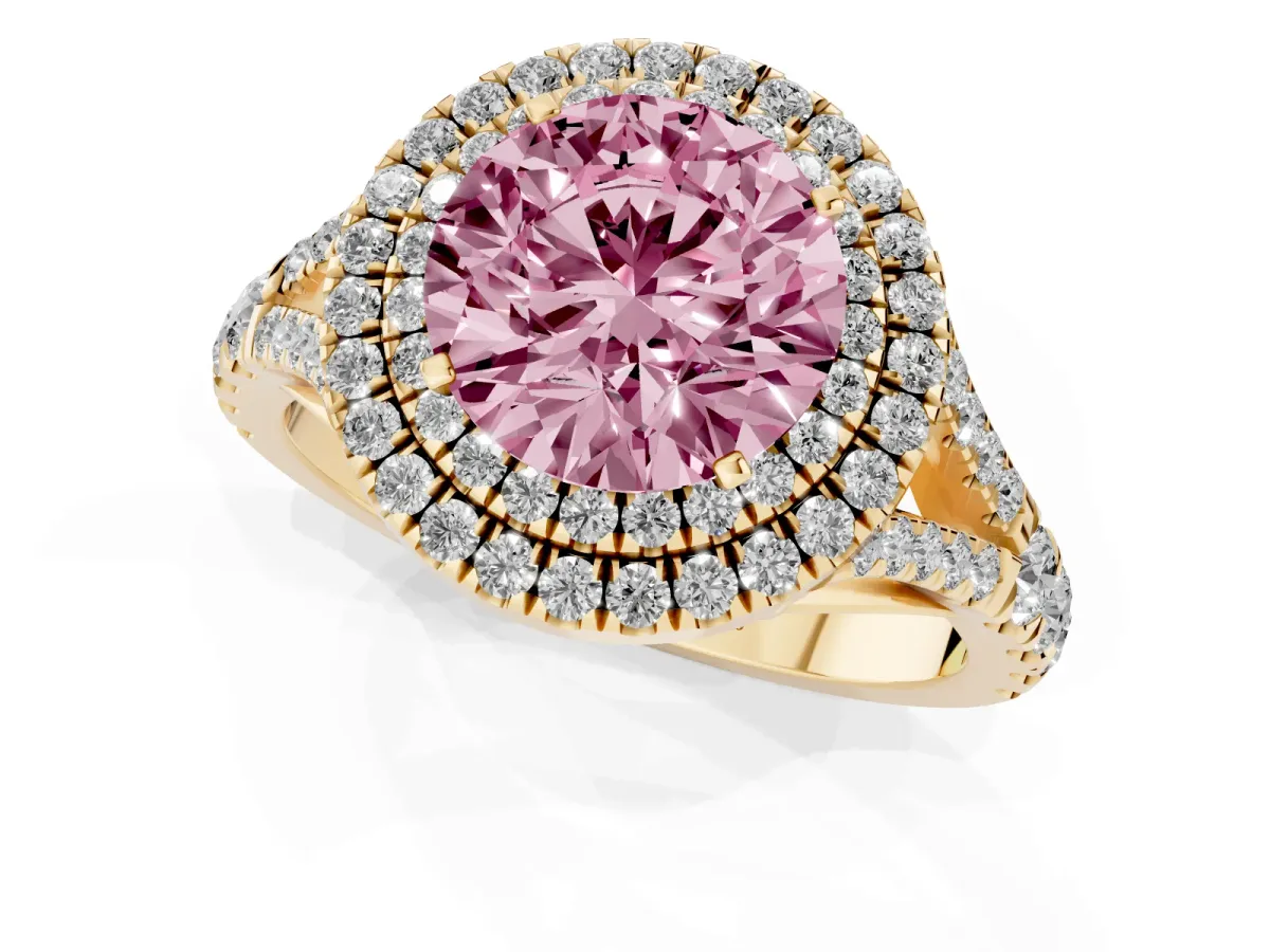 Fancy Pink Round Cut Cut Double Halo Split Shank Diamond Ring with Prong Setting Yellow gold