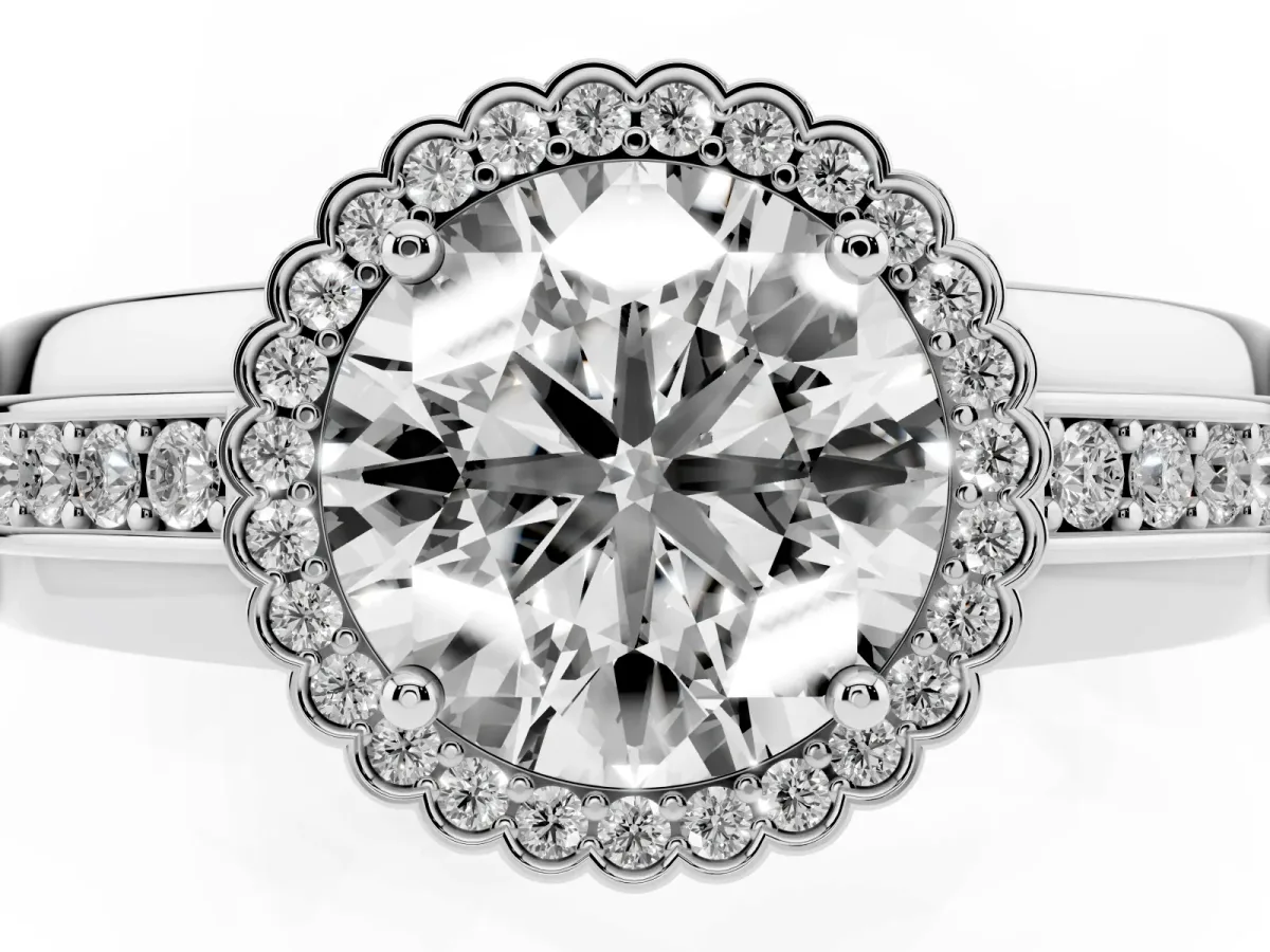 Round Cut Cut Halo Pave Band Four-Prong Ring Silver