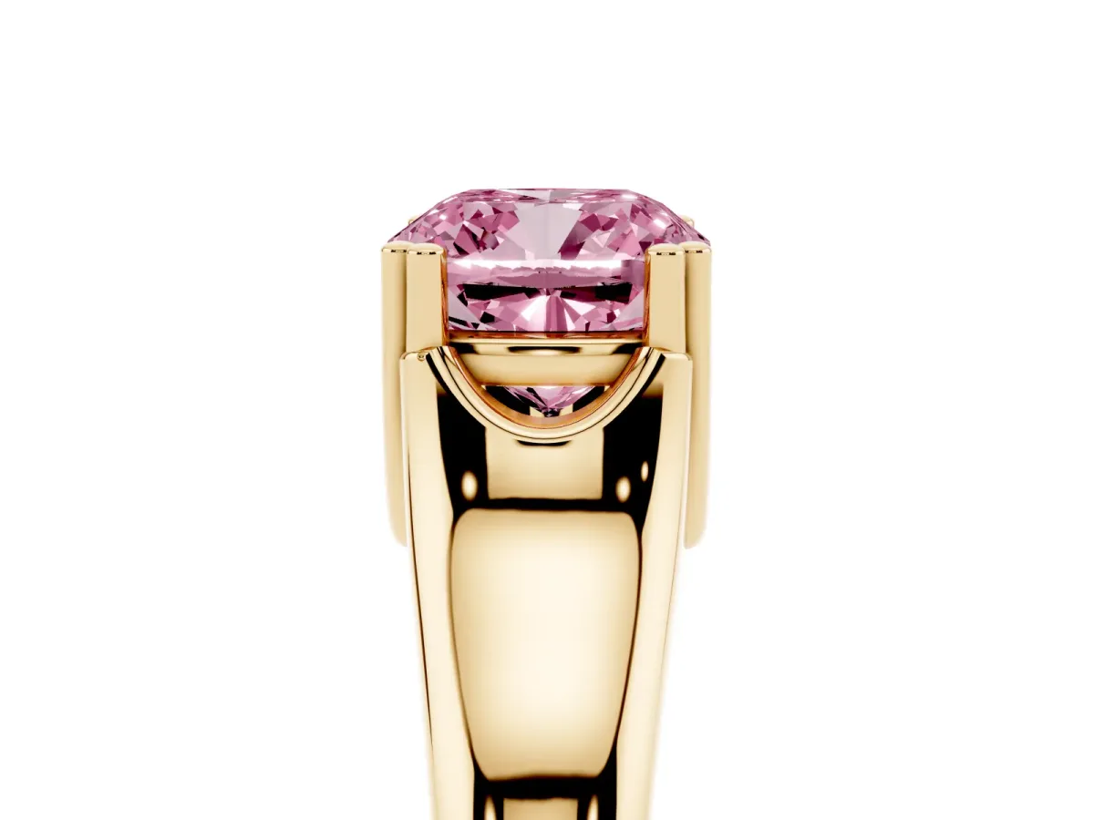 Fancy Pink Cushion Cut Diamond Solitaire Ring with Wide Band and Prong Setting Yellow gold