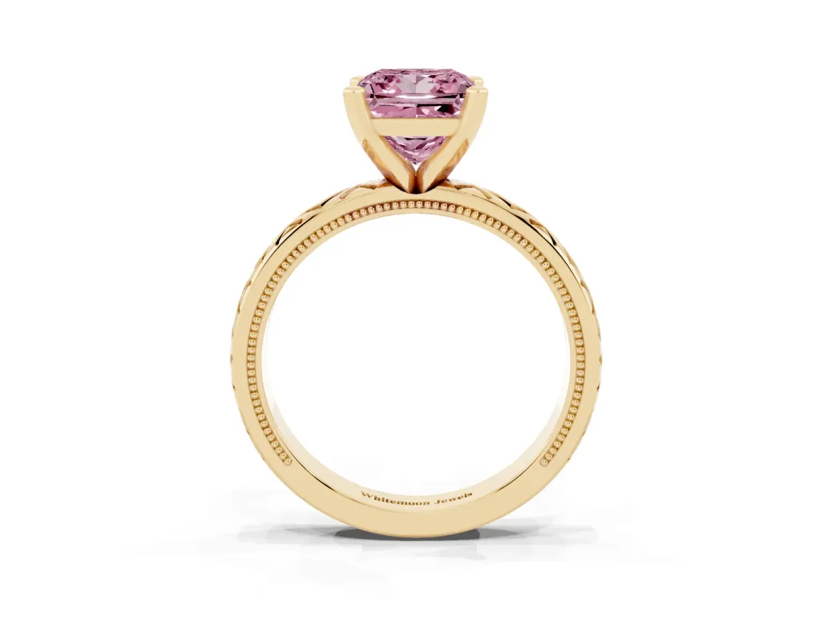 Fancy Pink Princess Cut Solitaire Diamond Ring with Milgrain and Black Enamel X Pattern Band Yellow gold