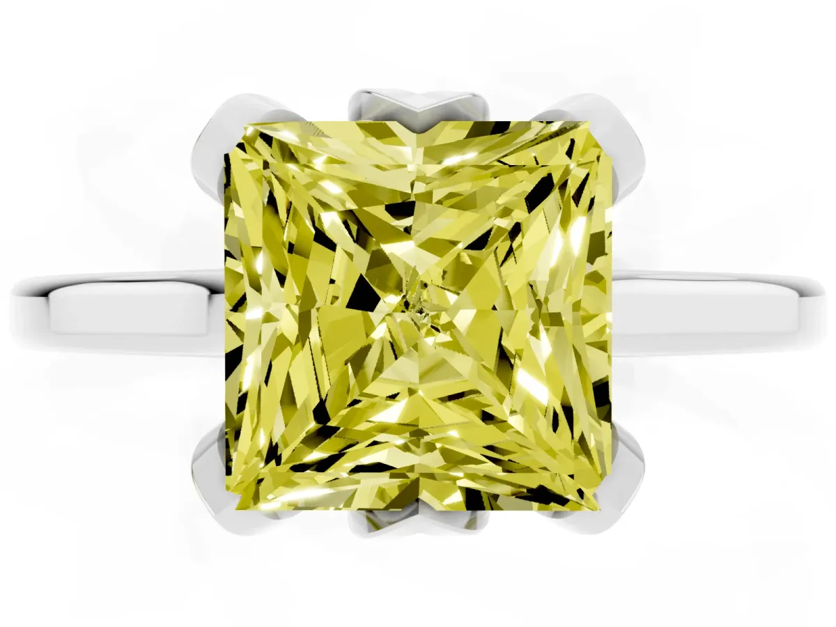 Fancy Yellow Princess Cut Diamond Solitaire Ring with Flower Prong Setting and Classic Band Silver