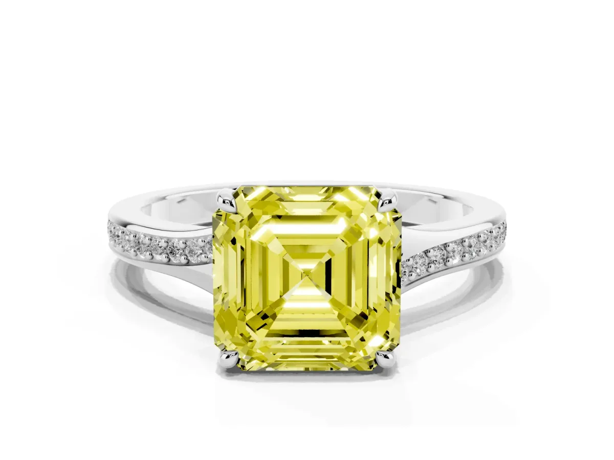 Fancy Yellow Asscher Cut Diamond Solitaire Ring with Pavé Band and Prong Setting Silver