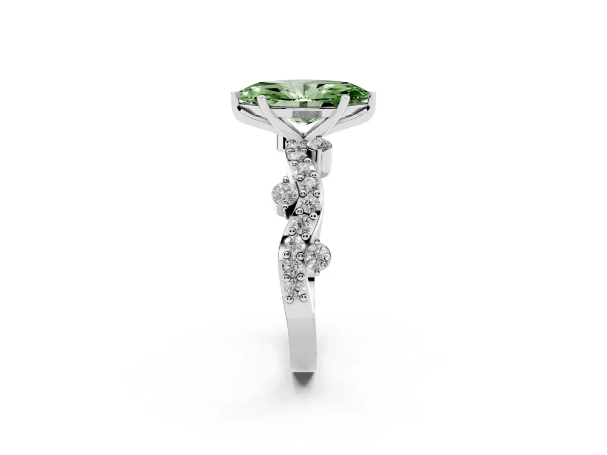Fancy Green Marquise Cut Cut Solitaire Diamond Twisted Band with Pave Setting Silver