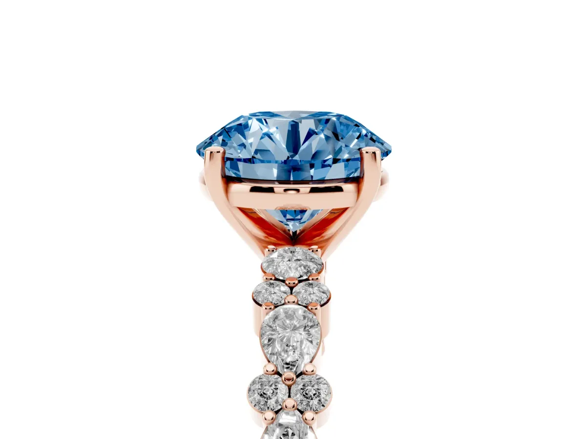 Fancy Blue Round Cut Diamond Side Stone Solitaire Ring with Round and Four-Prong Setting Rose gold