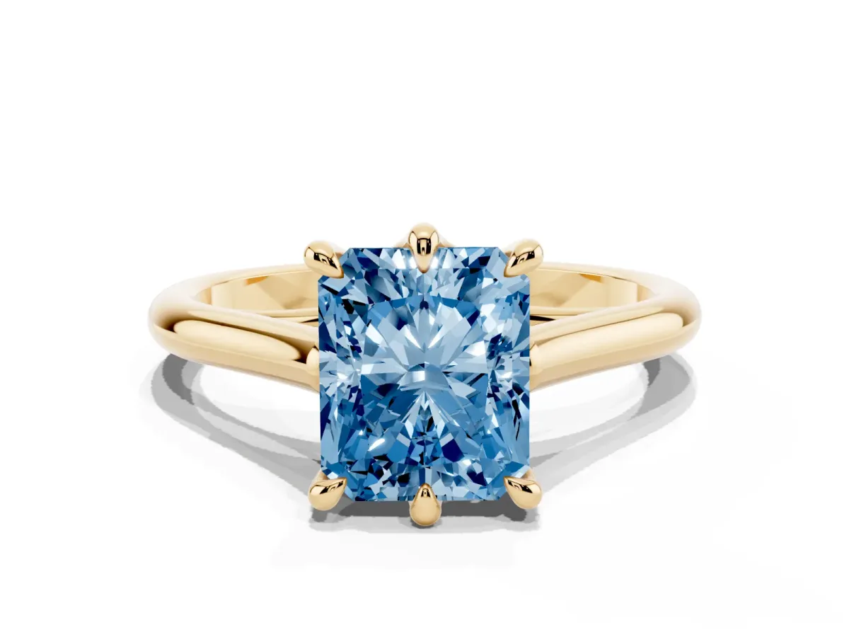 Fancy Blue Radiant Cut Solitaire Engagement Ring with Six-Prong Setting and Classic Band Yellow gold