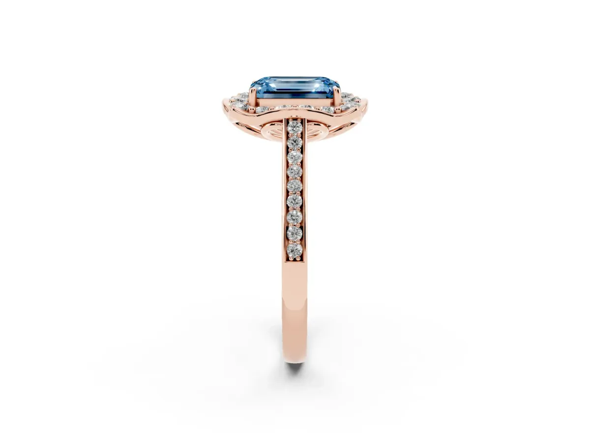 Fancy Blue Emerald Cut Halo Round Diamond Pave Band with Four-Prong Setting Rose gold