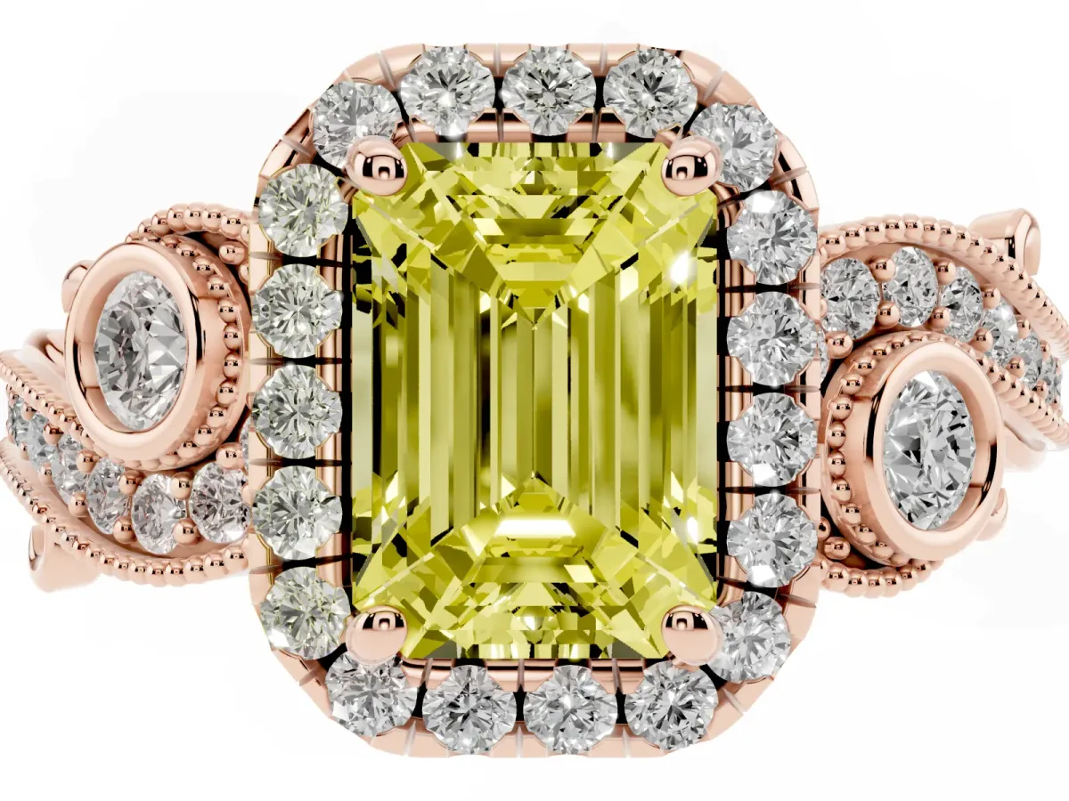 Fancy Yellow Emerald Cut Diamond Halo Ring with Milgrain Pavé Band and Four-Prong Setting Rose gold