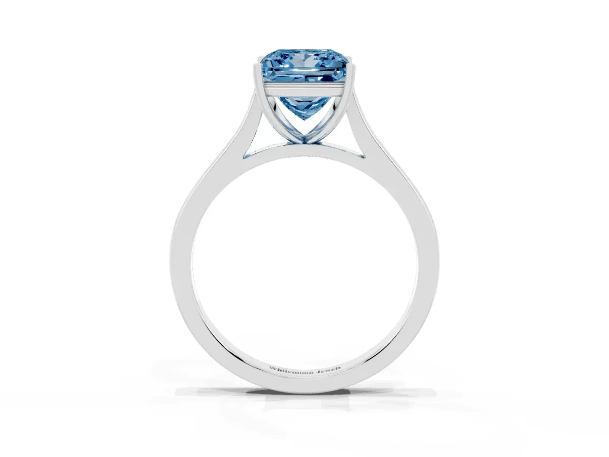 Fancy Blue Princess Cut Solitaire Heart Prong Engagement Ring with Tapered Band White gold