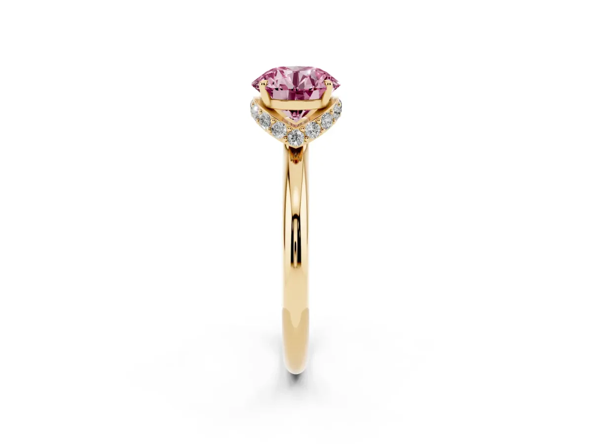 Fancy Pink Round Cut Brilliant Solitaire Engagement Ring with Six-Prong Setting and Classic Band Yellow gold
