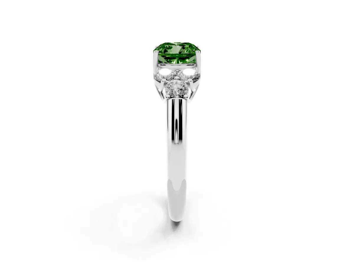 Fancy Green Cushion Cut Cut Diamond Cluster Ring with Round Accent Stones and Prong Setting on a Classic Band White gold