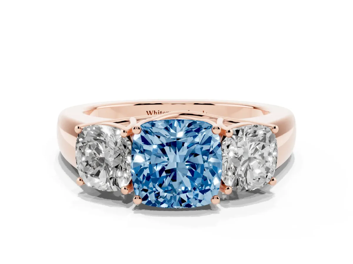 Fancy Blue Three-Stone Cushion Cut Cut Diamond Ring with Prong Setting and Classic Band Rose gold