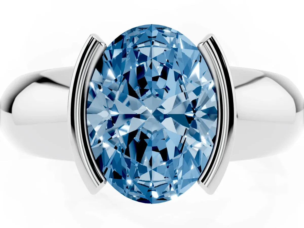 Fancy Blue Oval Cut Solitaire Tension Set Diamond Ring with Wide Band Silver
