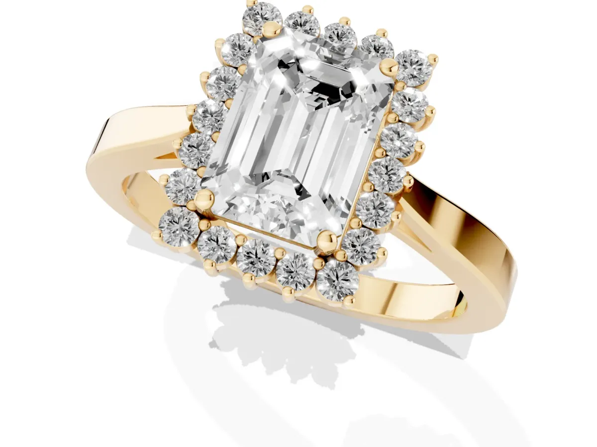 Emerald Cut Cut Diamond Halo Ring with Round Brilliant Halo and Solitaire Band Yellow gold