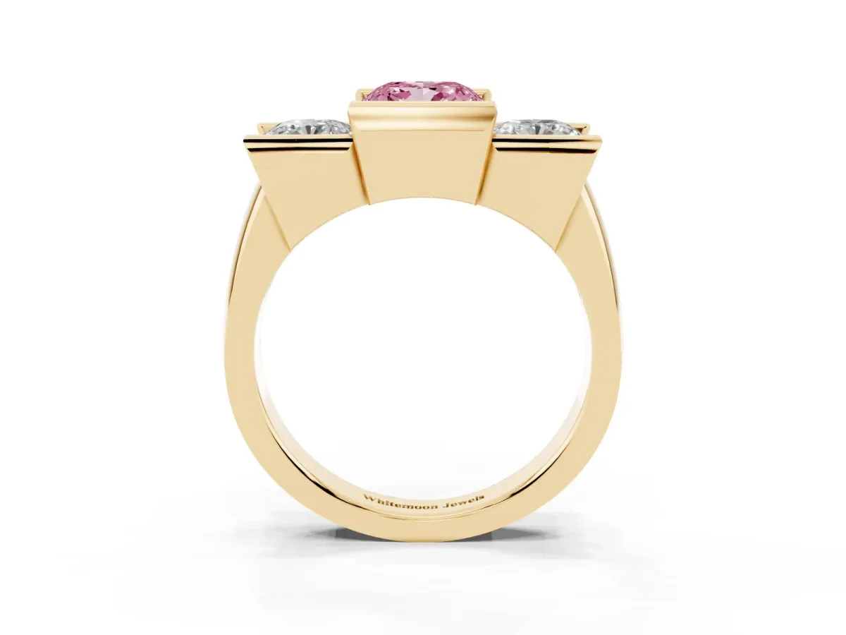 Fancy Pink Three Stone Cushion Cut Cut Channel Set Diamond Ring Yellow gold